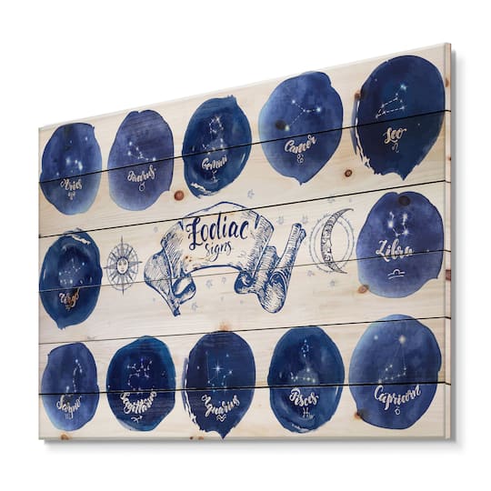 Designart - Collection of Astrology Signs On Blue - Modern Print on Natural Pine Wood